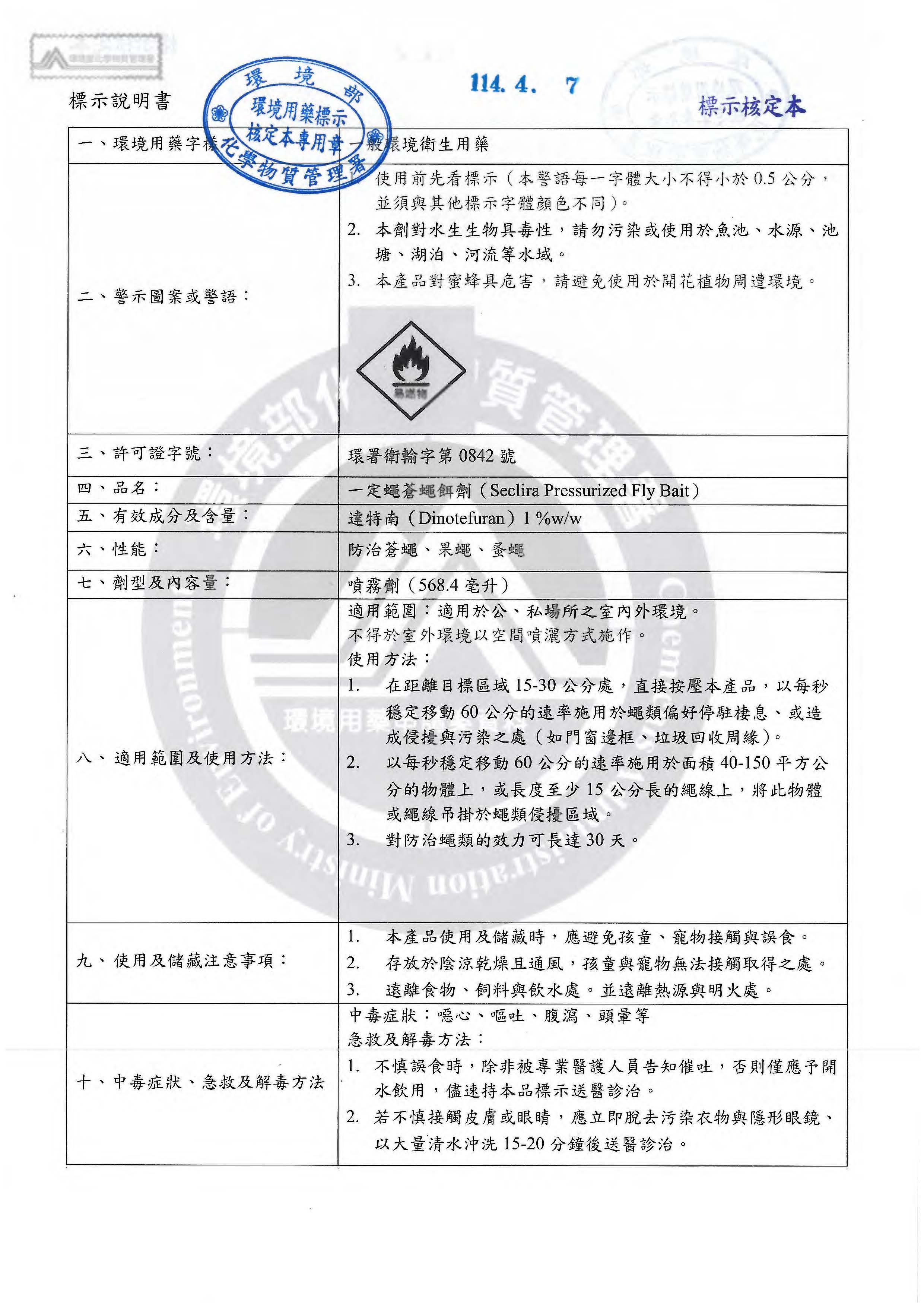 一定蠅標示說明書